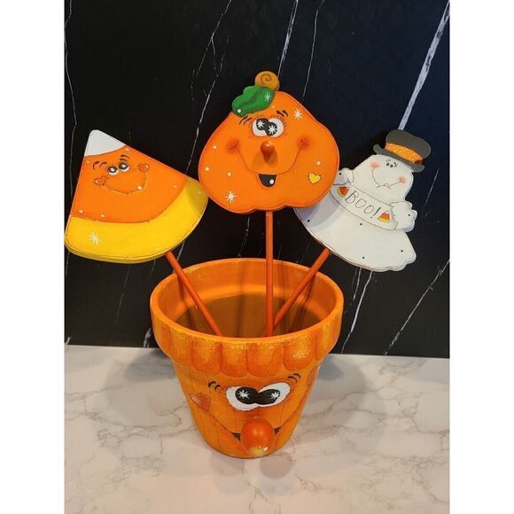 Hand Painted Wood Folk Art Ghost Pumpkin Candy Corn 3D Planter Décor Halloween - Picture 1 of 11